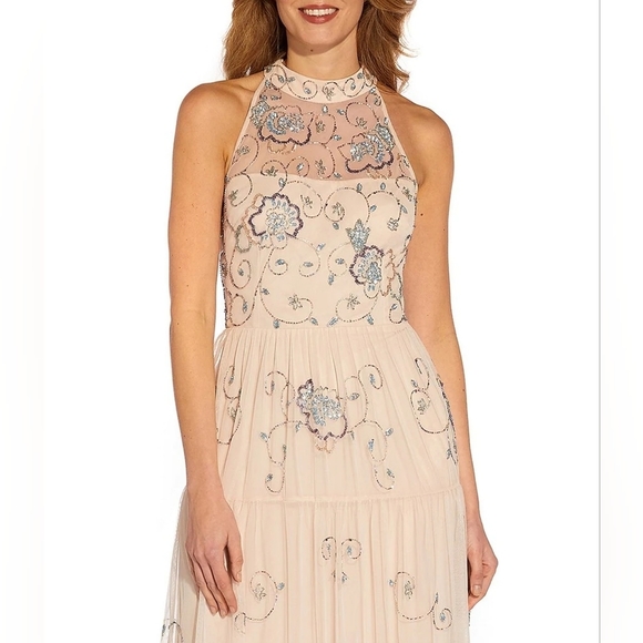 Adrianna Papell Sleeveless Halter Neck Beaded Mesh Keyhole Back Detail - Picture 3 of 12